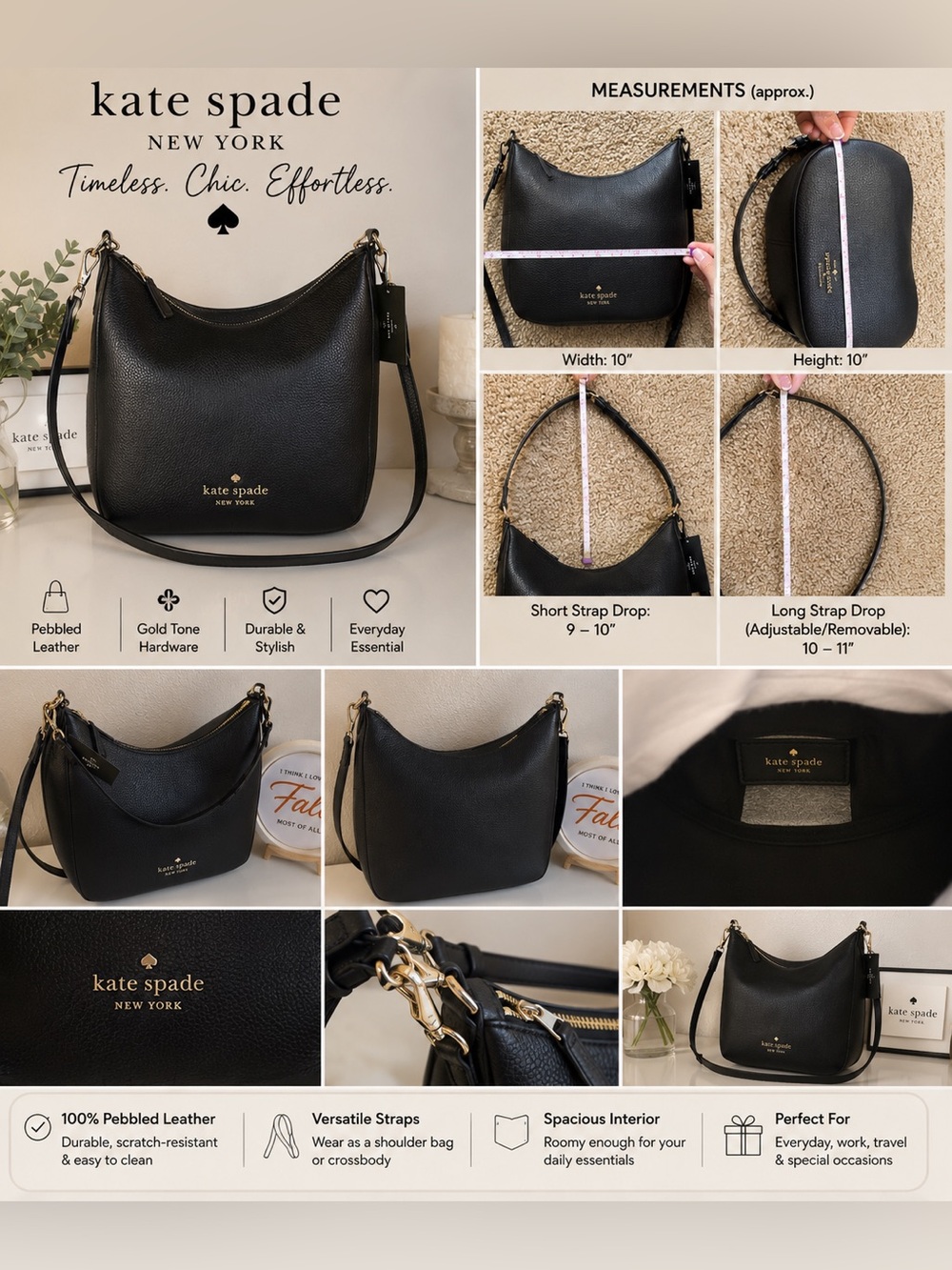 Kate Spade New York Black Pebbled Hobo Shoulder Bag – New With Tags